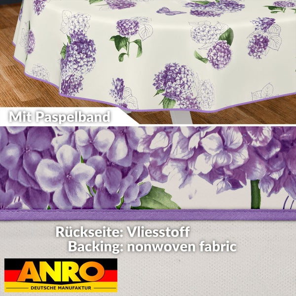 Tischdecke mit Hortensienmuster und Paspelband