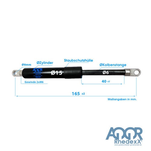 Gasdruckfeder von Rhedexx: Gesamtlänge 165 Millimeter, Zylinder 15 Millimeter, Kolbenstange 6 Millimeter, Gewinde M6, AGOR Rhedexx Logo.