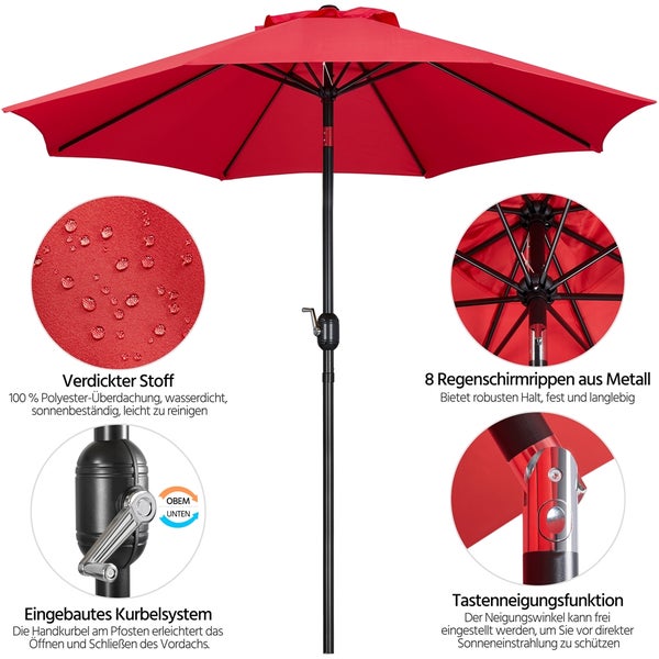 Roter Gartenschirm mit Kurbel und acht Metallstreben