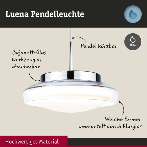 Luena Pendelleuchte, IP 44 Spritzwasserschutz, Bajonett-Glas werkzeuglos abnehmbar, Pendel kürzbar, Material: Klarglas und Metall.