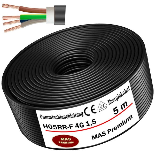 Gummischlauchleitung H05RR-F 4G 1,5, 5 Meter Energiekabel, MAS Premium Logo, Europäische Konformität, VDE-Prüfzeichen.