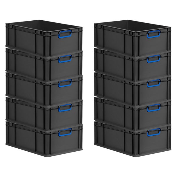 PROREGAL SparSet 10x Eurobox NextGen Color, HxBxT 22x40x60cm, 44 Liter, Griffe blau geschlossen, Verstärkter Boden, Schwarz, Eurobehälter, Transportbox, Transportbehälter, Stapelbehälter