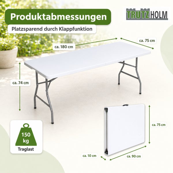 Klappbarer Trutzholm Buffettisch, Traglast 150 Kilogramm. Maße circa 180 mal 75 mal 74 Zentimeter, zusammengeklappt 90 mal 75 mal 10 Zentimeter.