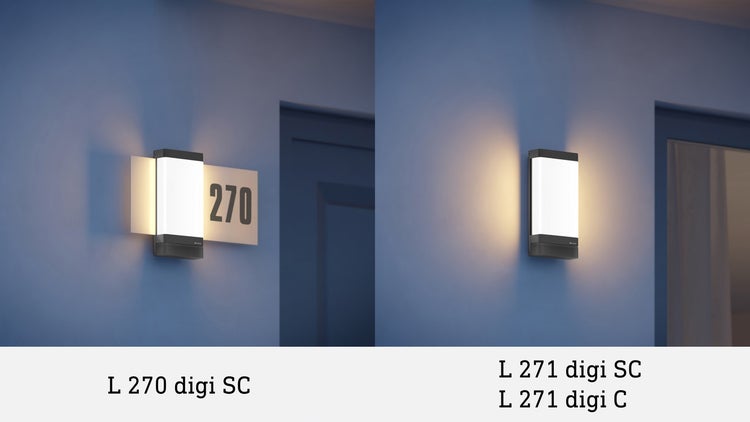 Außenleuchte L 270 digi SC mit Hausnummer und Außenleuchte L 271 digi SC an einer Wand