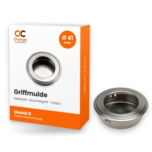 Orange Commerce Muschelgriff aus Edelstahl Modell B mit 41 Millimeter Durchmesser in Verpackung