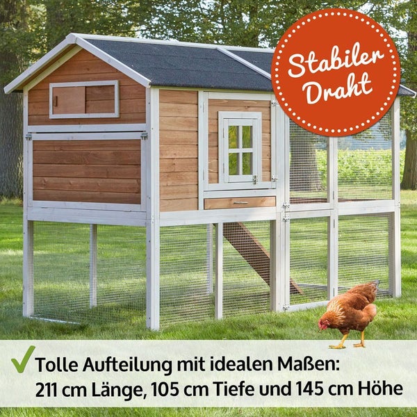 Hühnerstall aus Holz mit Drahtfreilauf, Rampe und Schrägdach. Maße: 211 Zentimeter Länge, 105 Zentimeter Tiefe und 145 Zentimeter Höhe.