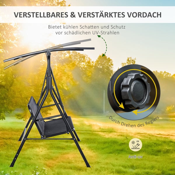 Outsunny Hollywoodschaukel, 2-Sitzer Outdoor Gartenschaukel, winkeleinstellbar, UV-beständig, Metallrohr, Schwarz