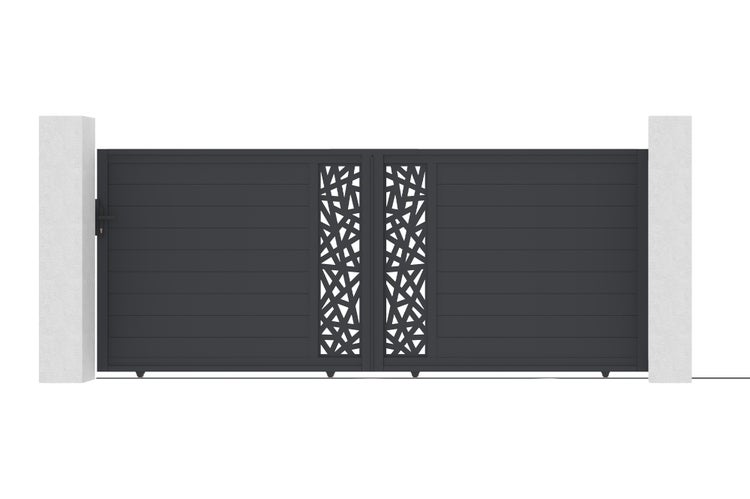 Schiebetor aus Aluminium in Anthrazit mit horizontalen Lamellen und einem dekorativen, geometrischen Muster.