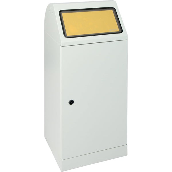 Wertstoffsammler aus Metall mit gelber Einwurfklappe und abschließbarer Tür.