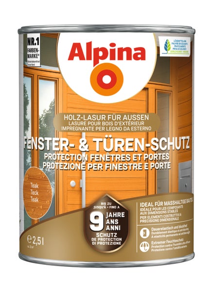 Alpina Fenster- und Türen-Schutz, lösemittelarme Holzlasur für außen, Teak, 2,5 Liter, bis zu 9 Jahre Schutz.