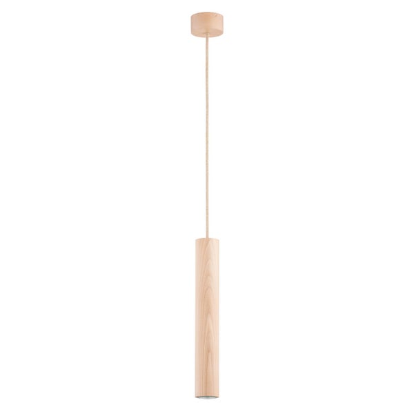 Moderne Pendelleuchte aus hellem Holz in zylindrischer Form mit Textilkabel