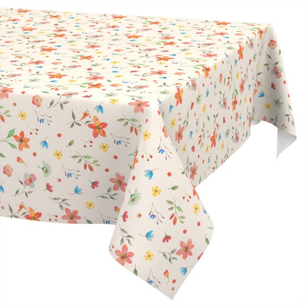 Tischdecke mit Blumenmuster aus Textilgewebe.