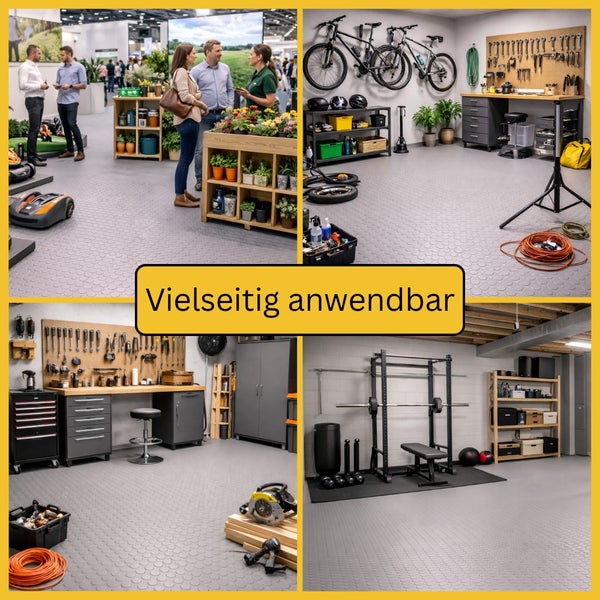 Collage zeigt grauen Noppenboden in Werkstatt, Garage, Fitnessraum und Verkaufsraum mit dem Text Vielseitig anwendbar.