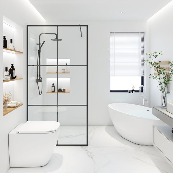 Home Deluxe - Duschabtrennung - BAKI - Breite: 130 cm, Schwarzer Rahmen, Klarglas, 6 Raster Optik - 10 mm ESG - Sicherheitsglas I Walk in Dusche, Duschwand, Duschtür