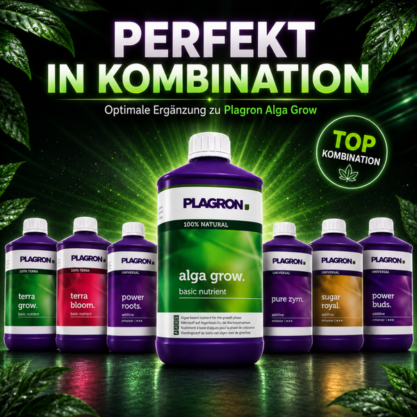 Plagron Alga Grow Pflanzendünger Flasche im Set mit weiteren Produkten zur optimalen Ergänzung für gesundes Pflanzenwachstum.
