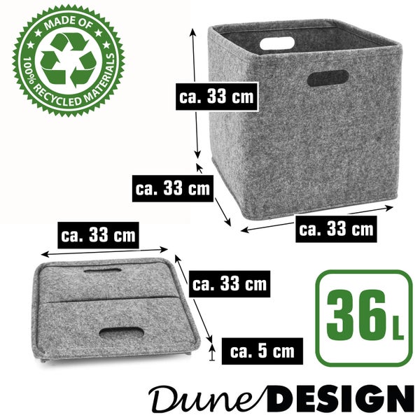 Quadratische Faltbox aus Filz von Dune Design mit 36 Liter Fassungsvermögen und Maßen von circa 33 mal 33 mal 33 Zentimeter.