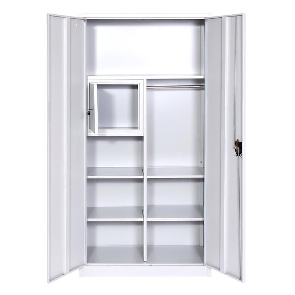 Geöffneter Metallschrank mit Regalen, Kleiderstange und abschliessbarem Fach.