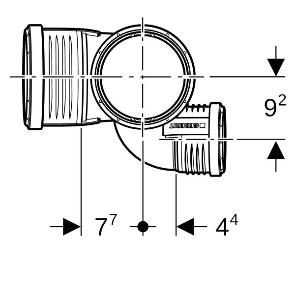 Maßzeichnung eines Geberit Anschlussbogens mit den Maßangaben 9,2 sowie 7,7 und 4,4 inklusive Geberit Logo.