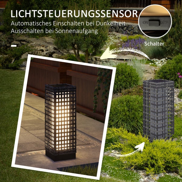 Outsunny Solarlampen Rattan mit Lichtsensor, Aufladbar LED Solarleuchte IP44 Wasserdichte, Outdoor Lampe Solarlaterne Außenleuchte für Garten Balkon Hof, 15,5 x 15,5 x 46 cm, Grau