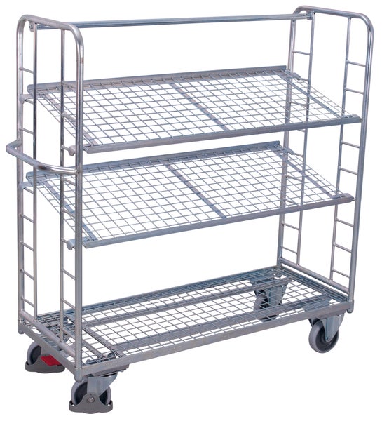 VARIOfit Etagenwagen mit vergitterten Seiten, Rohrschiebegriff und 2 neigbaren verzinkten Drahtgitterböden 1355x550mm