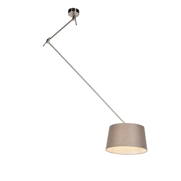 Moderne Deckenleuchte mit verstellbarem langem Metallarm und einem grauen Lampenschirm aus Stoff.