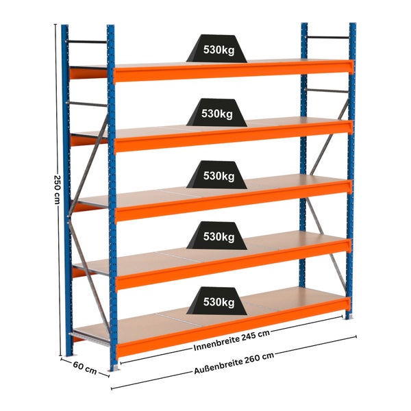 Lagerregal mit fünf Ebenen, Abmessungen 250 cm Höhe, 60 cm Tiefe, Innenbreite 245 cm, Aussenbreite 260 cm, Belastbarkeit 530 kg pro Ebene
