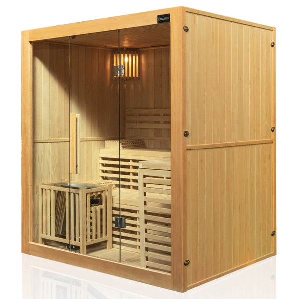 Sauna aus Holz mit Glasfront und Bänken