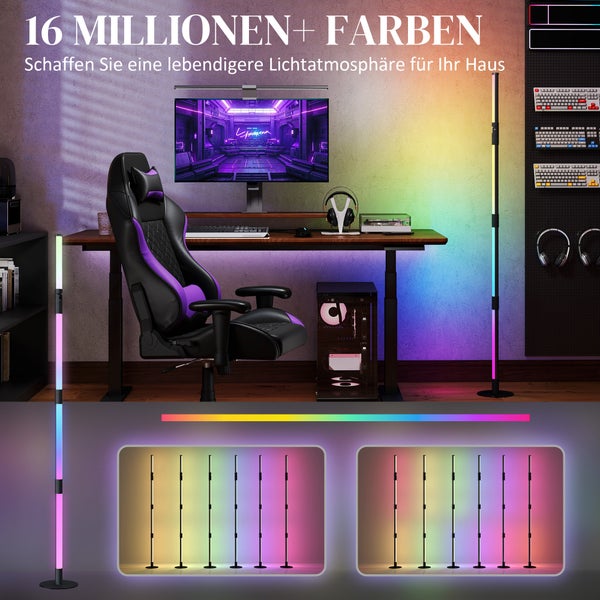 Zimmer mit Gaming-Stuhl, Schreibtisch und zwei LED-Stehlampen