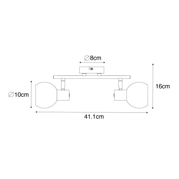 Technische Zeichnung einer Deckenleuchte mit zwei Strahlern und Abmessungen.