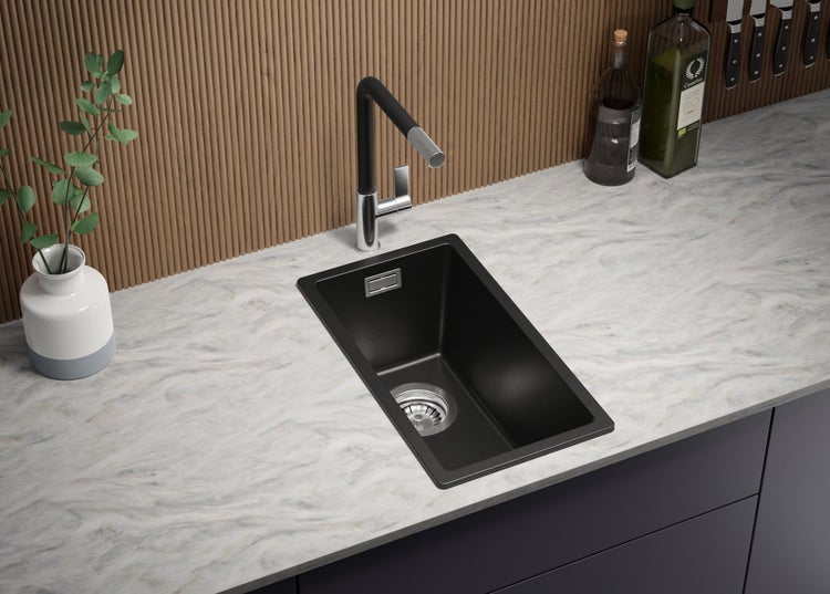 PRIMAGRAN Spülbecken Schwarz Metallic 26x47cm, Granitspüle 1 Becken + Ablauf-Set, Küchenspüle ab 30er Unterschrank - London Slim