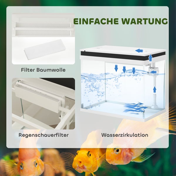 PawHut Aquarium, 41 Liter Glas-Aquarium mit Filtersystem, LED-Lichtern, Wasserpumpe, Kompaktes Aquarium für verschiedene Fischarten, Weiß