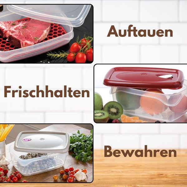 Collage mit Lebensmittelbehältern zur Aufbewahrung, Frischhaltung und zum Auftauen von Lebensmitteln.