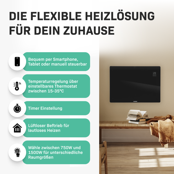 Schwarzer Heizkörper mit verschiedenen Funktionen zur flexiblen Heizlösung für Zuhause.