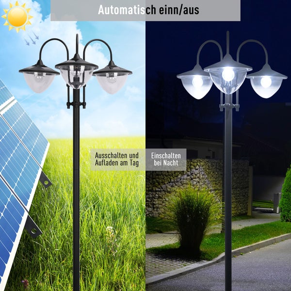 Outsunny Solarleuchte, Gartenlicht 3-köpfige Lampe mit Blumentopf-Basis, 60 x 55 x 189 cm, Edelstahl, Schwarz