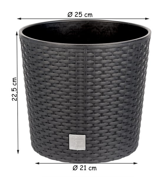BigDean RUND Blumentopf 25cm - Rattan-Optik - Anthrazit - Pflanzkübel mit Einsatz - Rattan-Blumentopf Pflanztopf rund - In / Outdoor - Höhe 27 cm