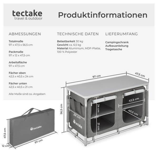 Campingschrank Komfort mit 4 Fächern tectake  97 x 47,5 x 56,5 cm faltbar grau