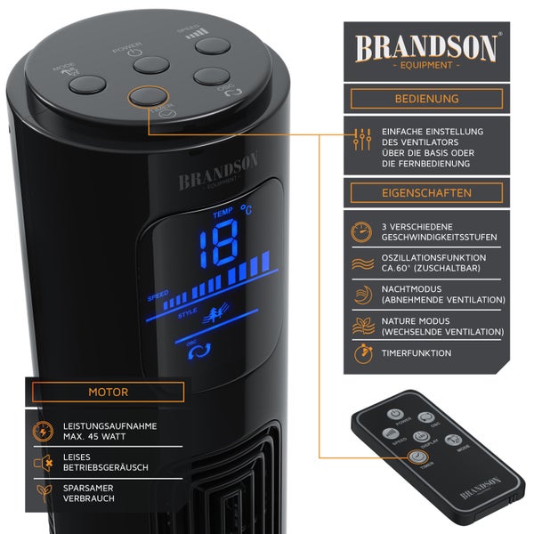 Brandson Turmventilator, Standventilator 40W, Ventilator mit 2 Geschwindigkeitsstufen, Säulenventilator mit Timer, 3 Betriebsmodi, 60 Grad
