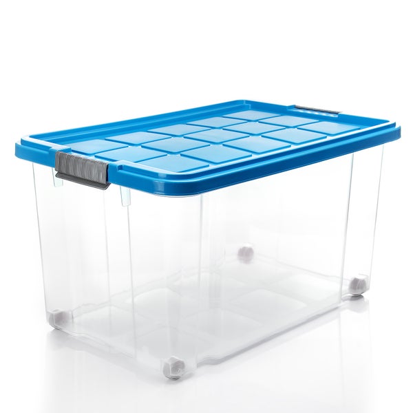 BigDean 4 Stück 60 L Aufbewahrungsbox mit Deckel groß azurblau - stapelbare robuste Box BPA-frei - rollbare Stapelbox mit festen Klickverschlüssen - Made in Germany
