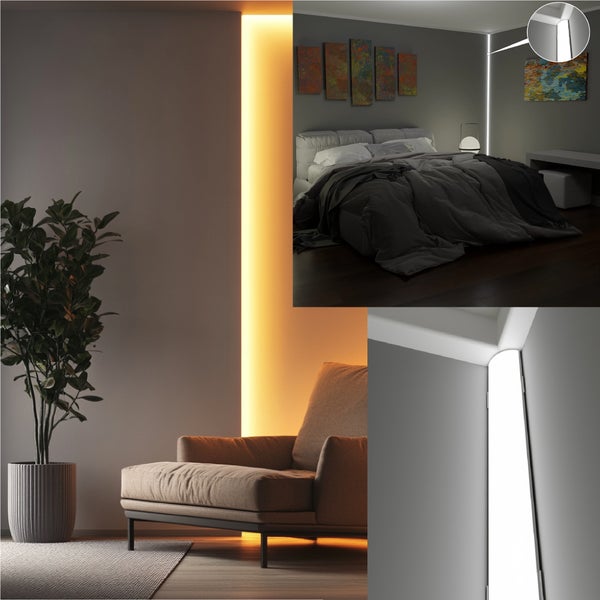 LED Eckprofil für Wand und Decke zur indirekten Beleuchtung in Wohnräumen. Montagebeispiele im Schlafzimmer und Wohnzimmer mit warmem Licht.