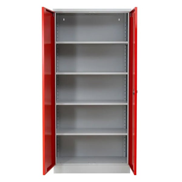 PROREGAL Stahlschrank Bee 4 Fachböden HxBxT 195 x 92 x 42 cm Pulverbeschichtetes Fachbodenmaterial Grau & Rot