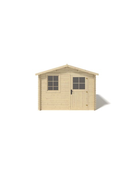 Gartenhaus aus hellem Holz mit Satteldach, einer Einzeltür mit Lichtausschnitt und einem Sprossenfenster.