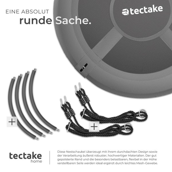 Tectake Nestschaukel mit gepolstertem Rand, Mesh-Gewebe, Rahmenrohren und höhenverstellbaren Seilen sowie Tectake Logo.