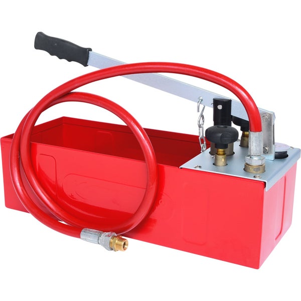 Druckprüfpumpe mit rotem Behälter, Handgriff und Schlauch
