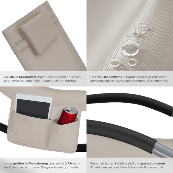 Gartenliege tectake Taya abnehmbares Kopfpolster, seitliche Aufbewahrungstasche ergonomisch, mit Komfort-Schwingbewegung beige