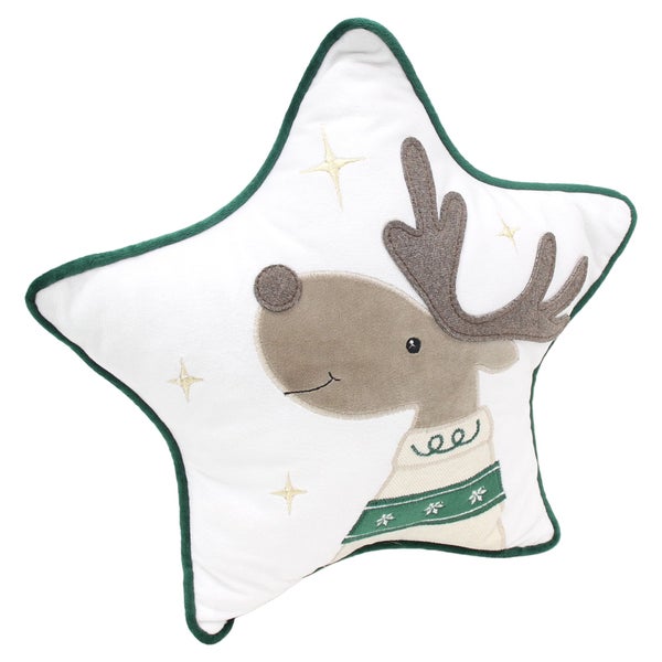 Weihnachtliches Kissen in Sternform mit Rentier Motiv aus weichem Textilmaterial als festliche Dekoration