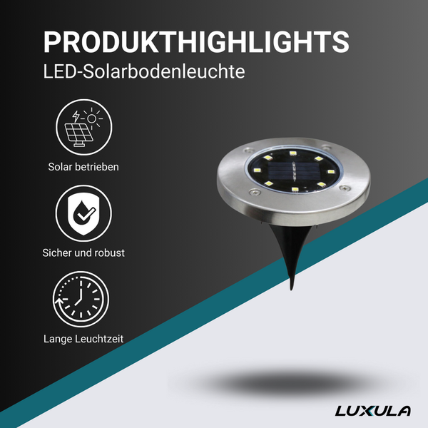 LED Solar Bodenleuchte mit Symbolen für Solar betrieben, sicher und robust und lange Leuchtzeit