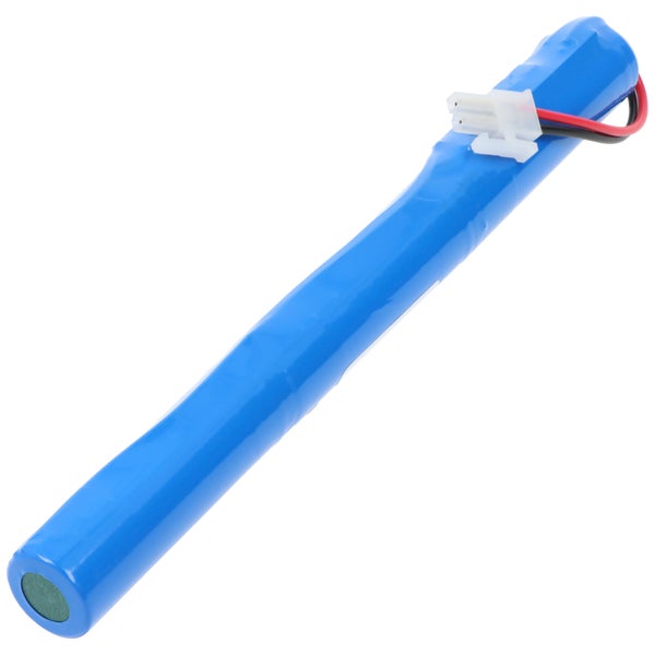 Wiederaufladbarer Akkupack mit blauem Schutzüberzug, weißem Kunststoffstecker und zwei Anschlusskabeln.