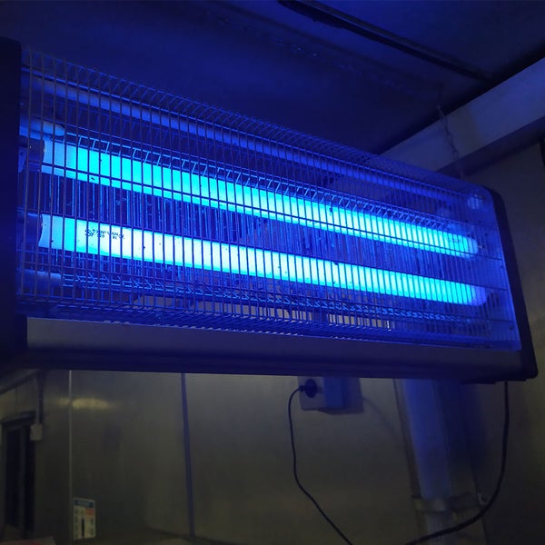 Elektrischer Insektenvernichter mit zwei UV-Röhren und Schutzgitter.