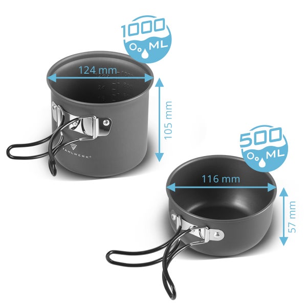 Abbildung von zwei Campingtöpfen mit Größenangaben, 1000 ml und 500 ml