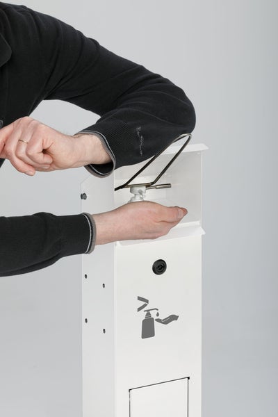 PROREGAL Robuster Handdesinfektionsspender Mit Abfallsammler Bodenmontage HxBxT 115 x 33,5 x 33,5 cm Verzinkter Stahl Weiß